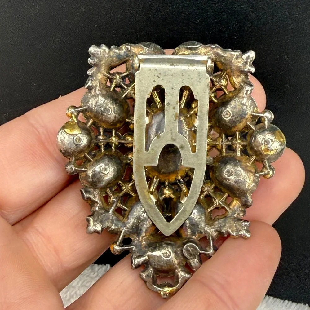 Vintage Dress Clip Silver Tone Clear Rhinestone Art Deco Revival Floral